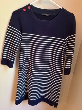 THML Navy & White Striped Boatneck Knit Midi Dress with Red Button Detail